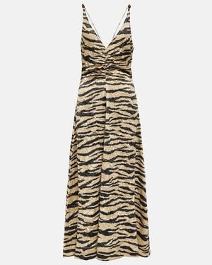 Ganni Tiger-Print Satin Midi Dress - Multicolour
