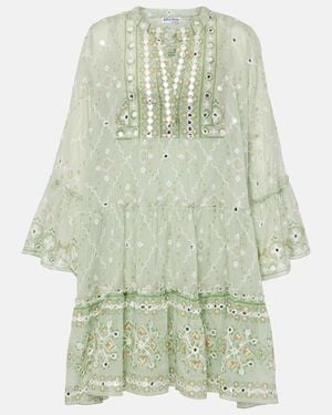 Juliet Dunn Embroidered Cotton Minidress - Green