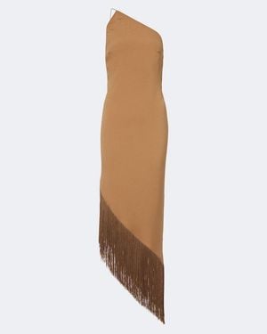 ‎Taller Marmo Antelope Fringe-Trimmed Asymmetric Midi Dress - Brown
