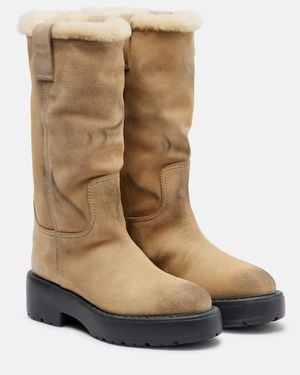 Miu Miu Stiefel Aus Veloursleder Mit Shearling - Natur