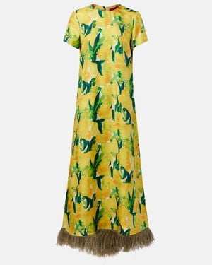 La DoubleJ Swing Feather-Trimmed Silk Maxi Dress - Green
