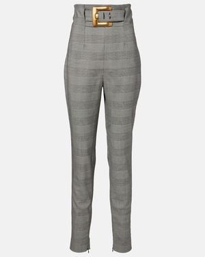 Balmain Prince Of Wales Wool-Blend Slim Pants - Gray