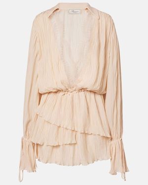 Blumarine Lace-Trimmed Plisse Georgette Minidress - Natural