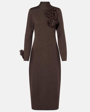 Oscar de la Renta Floral-Applique Wool-Blend Midi Dress - Brown
