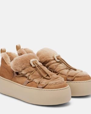 Roger Vivier Viv' Up Embellished Shearling And Suede Sneakers - Brown