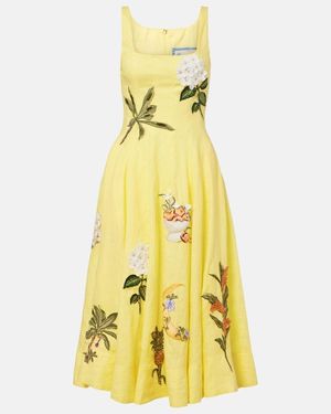 Agua Bendita Frontera Patch-Applique Linen Midi Dress - Yellow