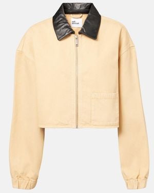 Self-Portrait Leather-Trimmed Denim Jacket - Natural