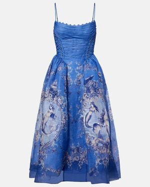 Zimmermann Rebellion Lace-Up Embellished Pleated Gathered Printed Linen And Silk-Blend Midi Dress - Blue