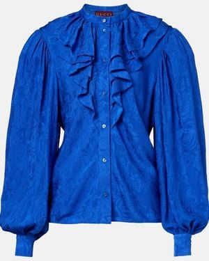 Gucci Printed Ruffled Silk Satin Shirt - Blue