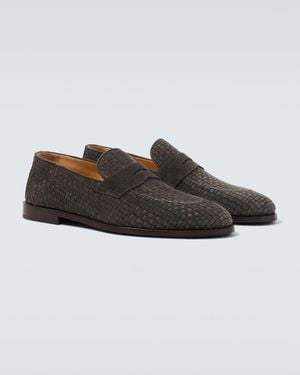 Brunello Cucinelli Woven Suede Penny Loafers - Brown