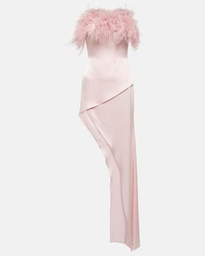 David Koma Feather-Trimmed Satin Midi Dress - Pink