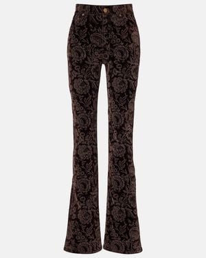 Chloé Pantalones Rectos De Terciopelo De Tiro Alto Floral - Negro