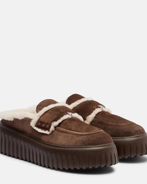 Hogan Slippers Hstripes Aus Veloursleder Mit Shearling - Braun