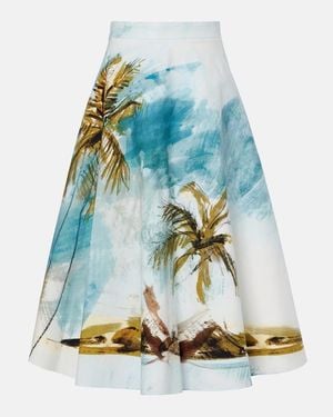Oscar de la Renta Printed Cotton-Blend Poplin Midi Skirt - Blue