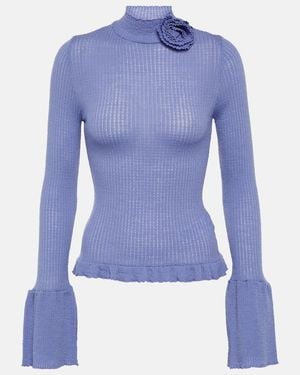 Blumarine Ruffle-Trimmed Ribbed-Knit Wool Jumper - Blue