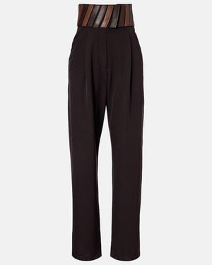 Alaïa Leather-Trimmed Wool Straight Pants - Black