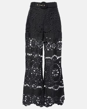 Zimmermann Pop Embroidered Linen Wide-Leg Trousers - Black