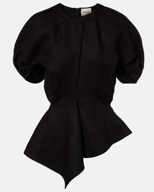 KHAITE Rumi Peplum Linen-Blend Top - Black