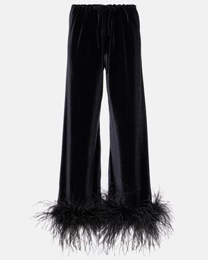 Oséree Feather-Trimmed Velvet Wide-Leg Pants - Black