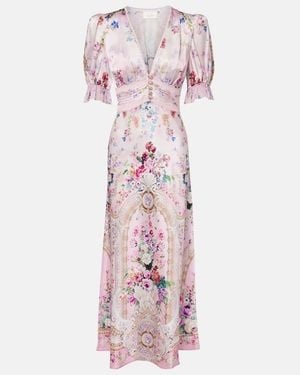 CAMILLA Lace-Trimmed Printed Silk Midi Dress - Pink