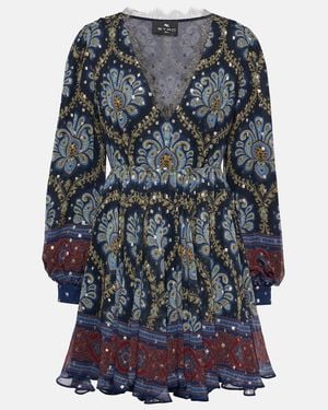 Etro Balloon-Sleeve Silk Jacquard Minidress - Blue