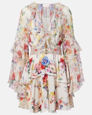 CAMILLA Embellished Floral Ruffled Silk Minidress - White