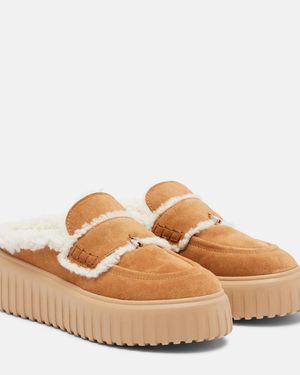 Hogan Slippers Aus Veloursleder Mit Shearling - Braun