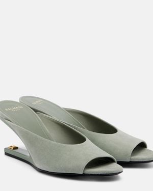 Balmain Suede Cutout Wedge Mules - Green