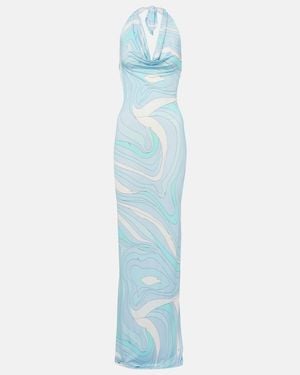 PUCCI Marmo Halterneck Satin Jersey Maxi Dress - Blue