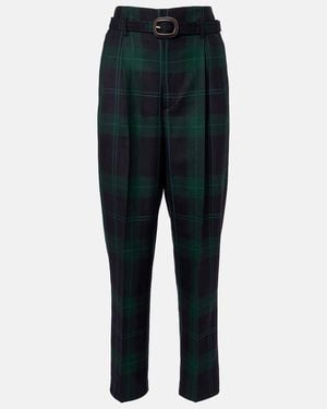 Polo Ralph Lauren Belted Checked High-Rise Wool Tapered Pants - Blue