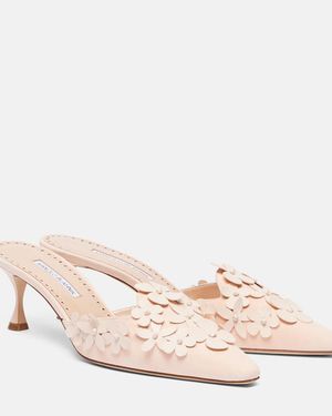 Manolo Blahnik Harnes 50 Floral-Applique Suede Mules - Pink
