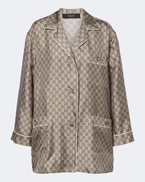 Gucci Camisa De Pijama En Sarga De Seda Con Gg - Marrón