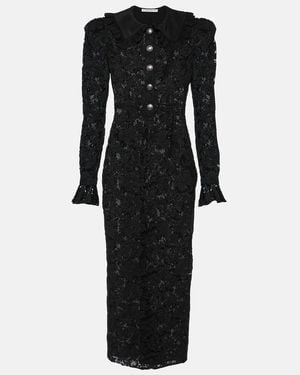Alessandra Rich Puff-Sleeve Cotton Blend Lace Midi Dress - Black