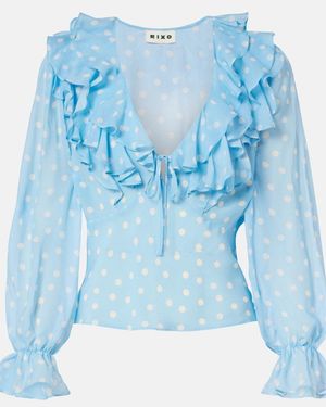 RIXO London Lasca Polka-Dot Silk Top - Blue