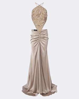 Georges Hobeika Embellished Gathered Open-Back Satin Gown - Natural