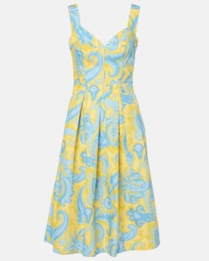 Etro Vestido Midi De Algodon Plisado Con Paisley - Amarillo