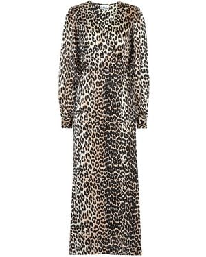 Ganni Leopard-print Ruched Stretch-silk Midi Dress - Multicolour