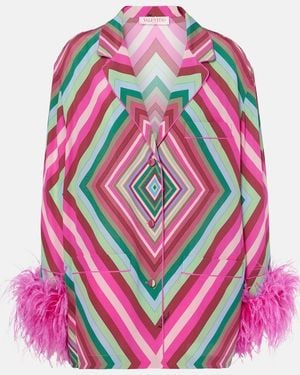 Valentino Rhombus 75 Feather-Trimmed Crepe De Chine Top - Pink