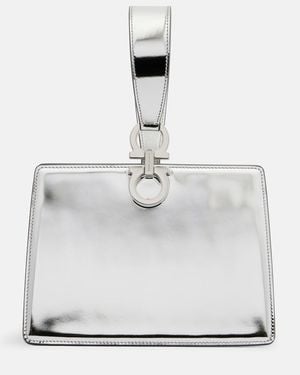 Ferragamo Gancini Small Metallic Leather Clutch - White