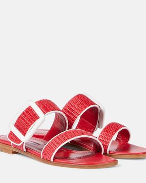 Manolo Blahnik Tituba Leather-Trimmed Raffia Sandals - Red