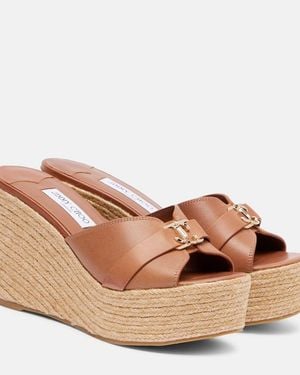 Jimmy Choo Leda 100 Leather Platform Wedge Sandals - Brown