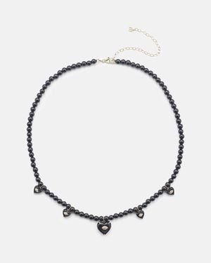 Sydney Evan Carved Heart 14Kt Beaded Necklace With Diamonds And Onyx - Metallic
