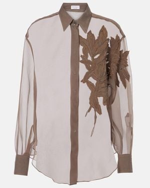 Brunello Cucinelli Herbarium-Applique Silk Shirt - Brown