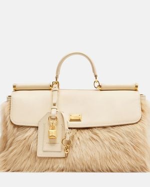 Dolce & Gabbana Sicily Large Leather And Shearling Top-Handle Bag - Natural