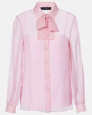 Gucci Gg Tie-Neck Printed Chiffon Shirt - Pink