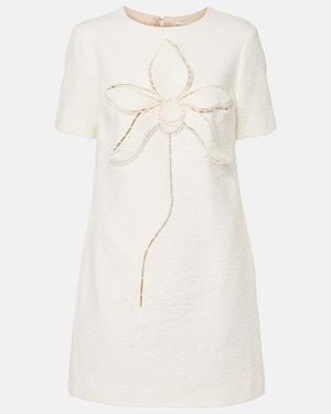 Oscar de la Renta Orchid Embroidered Cotton Tweed Shift Dress - Natural