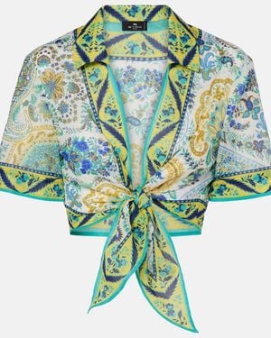 Etro Floral Cotton Crop Top - Blue