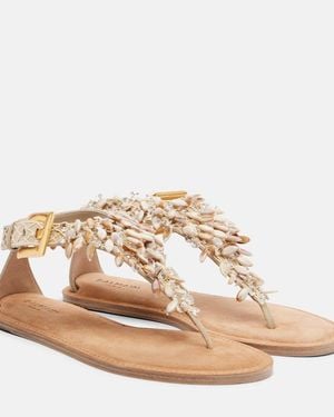 Balmain Embellished Suede Thong Sandals - Natural