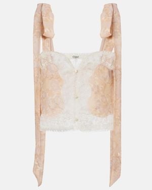 Chloé Floral Lace-Trimmed Silk Top - White