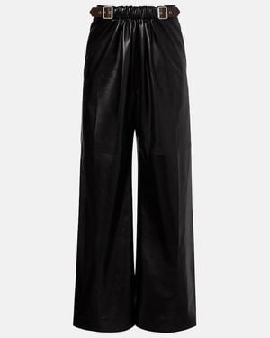 Loewe Gathered Leather Wide-Leg Trousers - Black